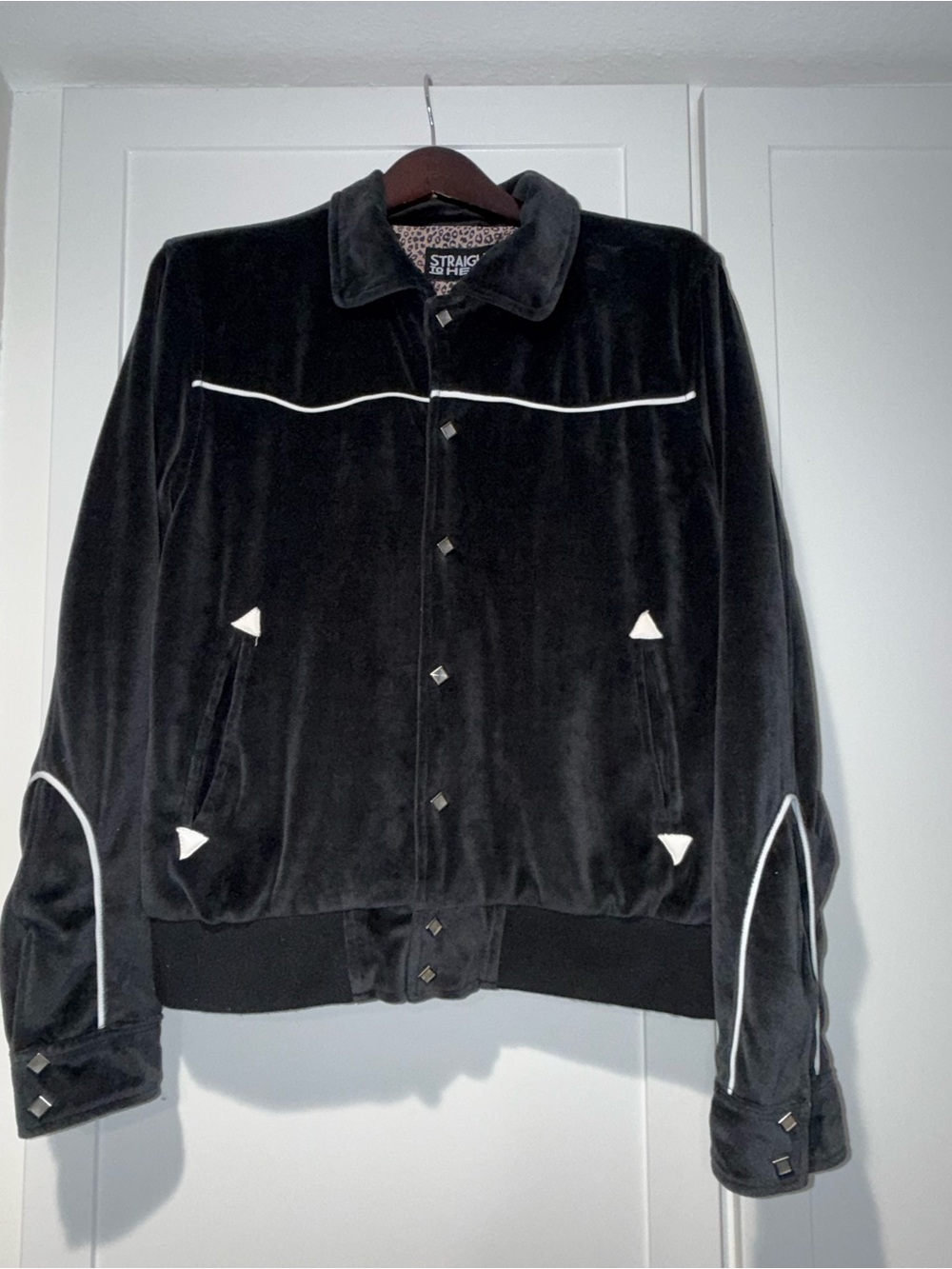 Straight To Hell Black Velour Bomber Jacket with White Piping